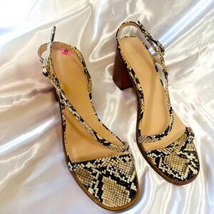 H Halston Black Snake Print Leather Strappy Shoes 9M Block Heels Strappy Sandals